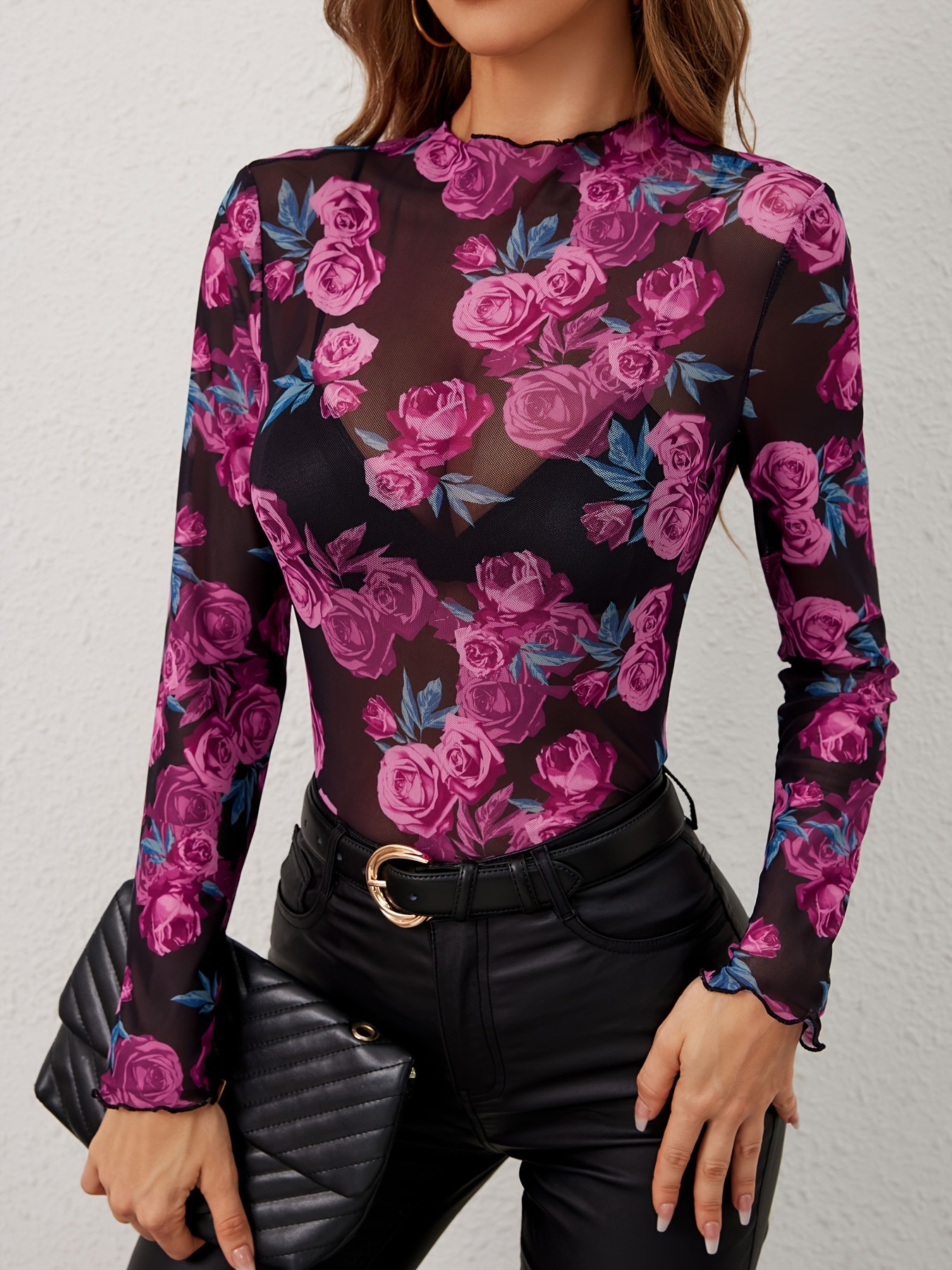 Womens Floral Mesh Top Fashion Bodycon Long Sleeve T-shirt Female Clothing